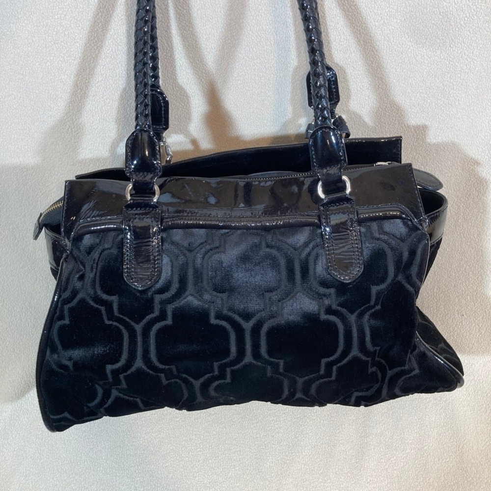 Brighton Shoulder Bag Black Velvet Burnout Patent‎ Leather Zip Closure Tassel
